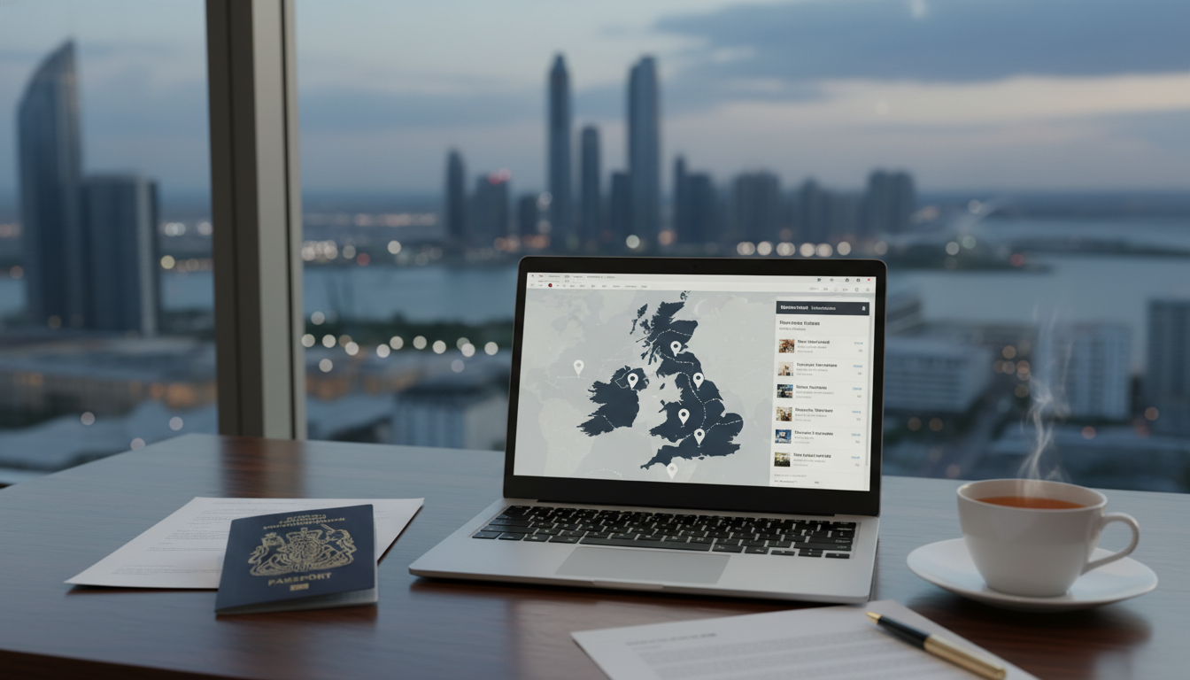 A professional-looking home office desk with a laptop showing a UK map and property listings, a passport, and a cup of tea, with a blurred view of a modern international skyline like Dubai or Singapore in the background through a window.
