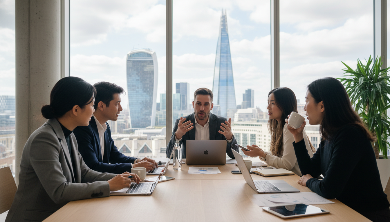 A professional, high-quality photograph of a diverse group of entrepreneurs sitting in a bright, modern London co-working space with large windows showing the iconic London skyline, including the Gherkin and the Shard, while they discuss business plans over laptops and coffee.
