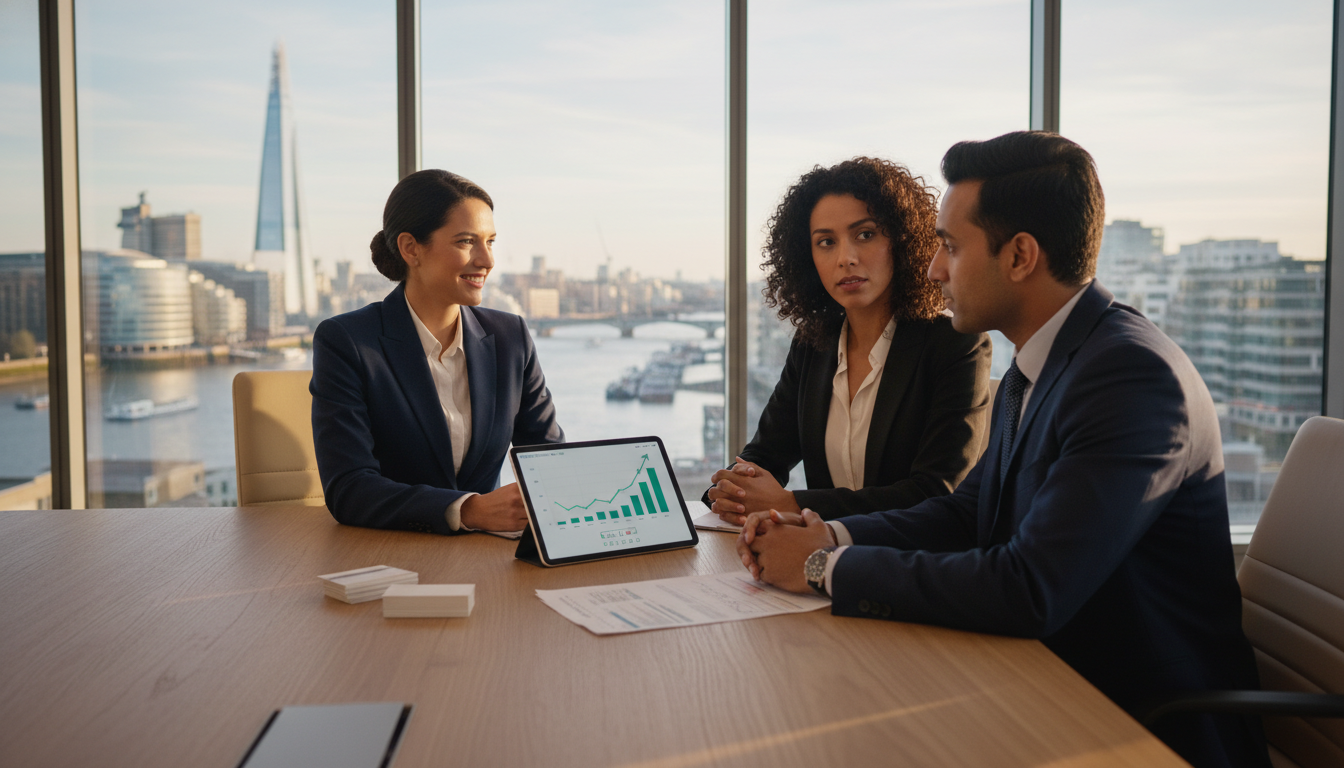 A professional financial advisor sitting with a diverse international couple in a modern London office overlooking the Thames river, with financial charts and a digital tablet on the table, warm natural lighting, high-quality corporate photography style.