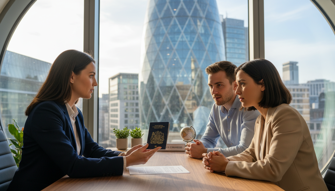 A professional female immigration lawyer sitting at a sleek walnut desk in a London office, holding a British passport and explaining a document to a young professional expat couple, with the Gherkin building visible through the window, photorealistic style, 8k resolution.
