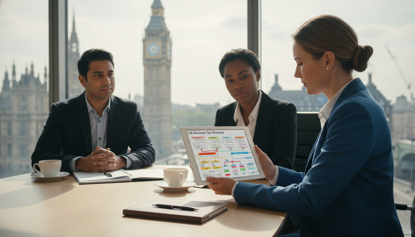 A professional consultant sitting across from a diverse couple in a modern glass-walled office in London, showing a complex tax flow chart on a tablet, with the Big Ben visible in the blurred background window.