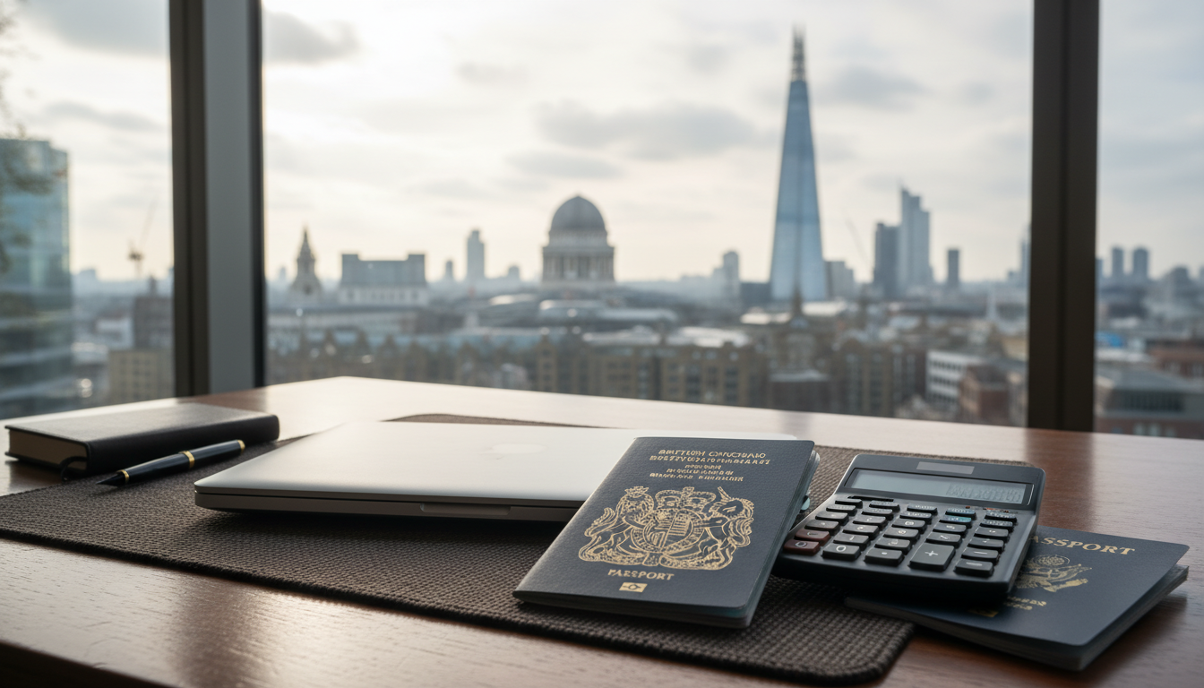 A professional desk featuring a laptop, a calculator, a British passport, and a US passport, with a view of the London skyline through a window, highly detailed, realistic, soft lighting