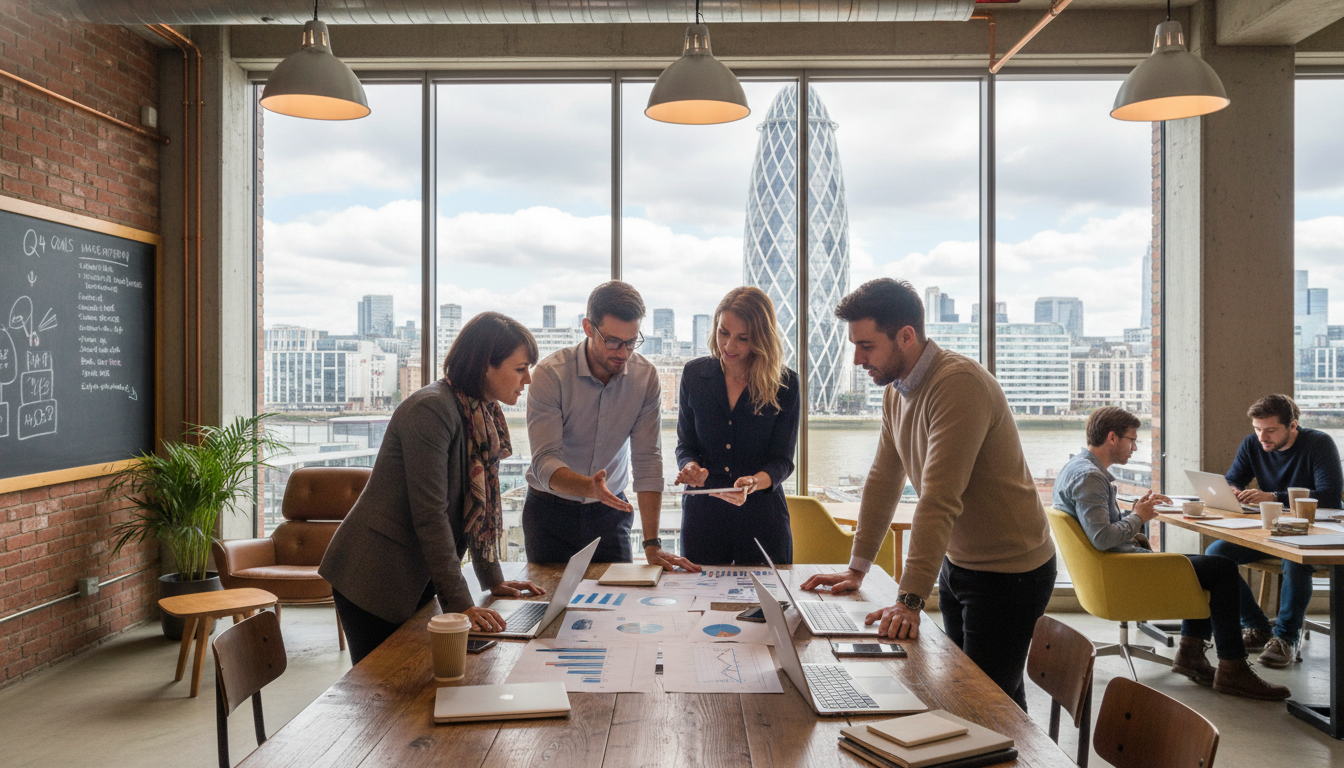 A diverse group of entrepreneurs in a modern London co-working space, discussing a business plan with the Gherkin building visible through the window, professional yet vibrant atmosphere, photorealistic.