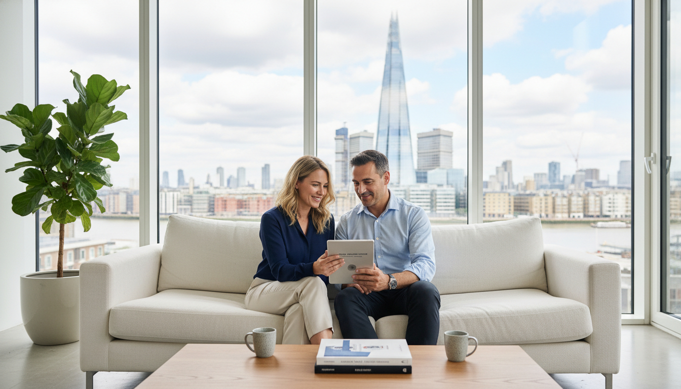A professional expatriate couple sitting in a bright, modern London apartment with a view of the Shard through the window, reviewing a health insurance policy document on a tablet with a relaxed and reassured expression.