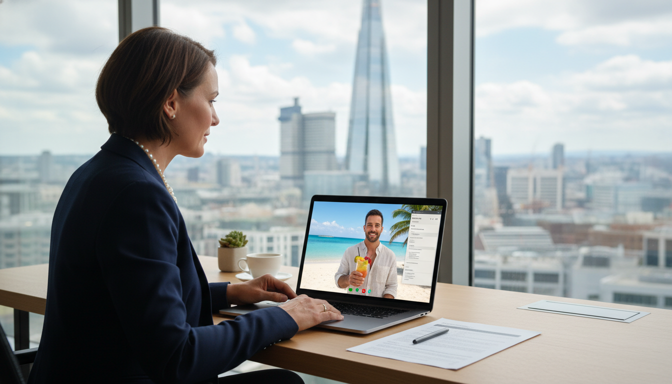 A professional accountant sitting in a modern London office with a view of the Shard through the window, discussing tax documents via a high-quality video call on a laptop with an expat client who is in a sunny tropical location.