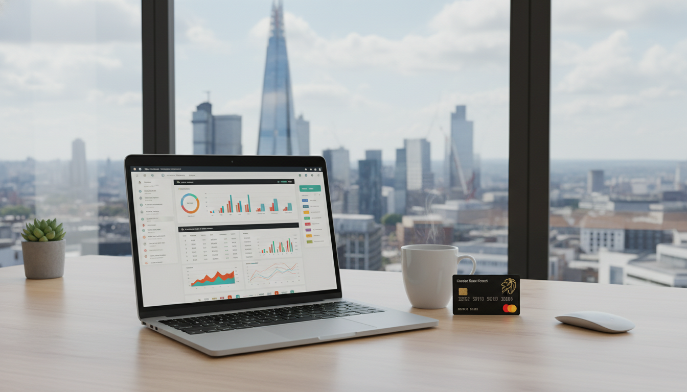A high-quality, professional photograph of a modern office desk in London with a view of the Shard through the window. On the desk lies a laptop displaying a financial dashboard and a contactless business debit card next to a cup of coffee.