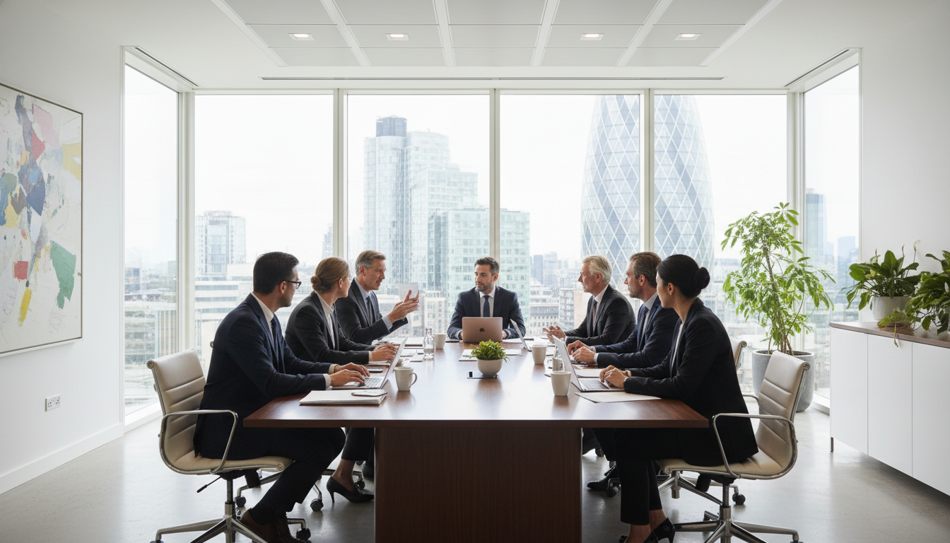 A professional modern office space in London with large windows showing the Gherkin building, featuring a diverse group of business professionals sitting around a sleek wooden table with laptops and documents, bright natural light, photorealistic style.