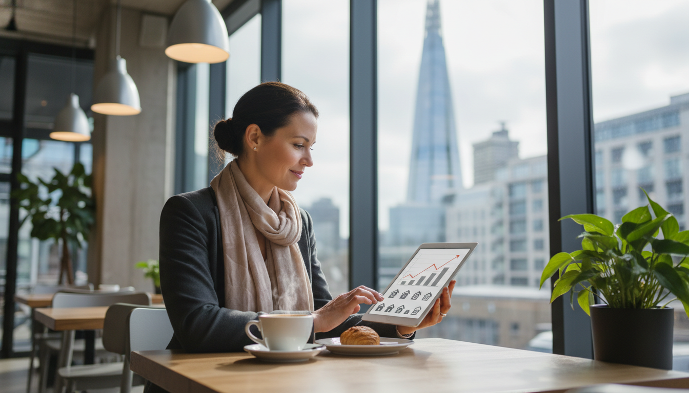 A professional expat sitting in a modern London cafe with a view of the Shard, looking at a tablet showing financial growth charts and real estate icons, high-resolution, photorealistic style.