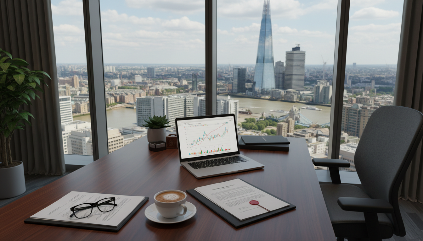 A professional workspace in London with a view of The Shard through the window, featuring a laptop, a cup of coffee, and some legal documents on a wooden desk, symbolizing modern British business.